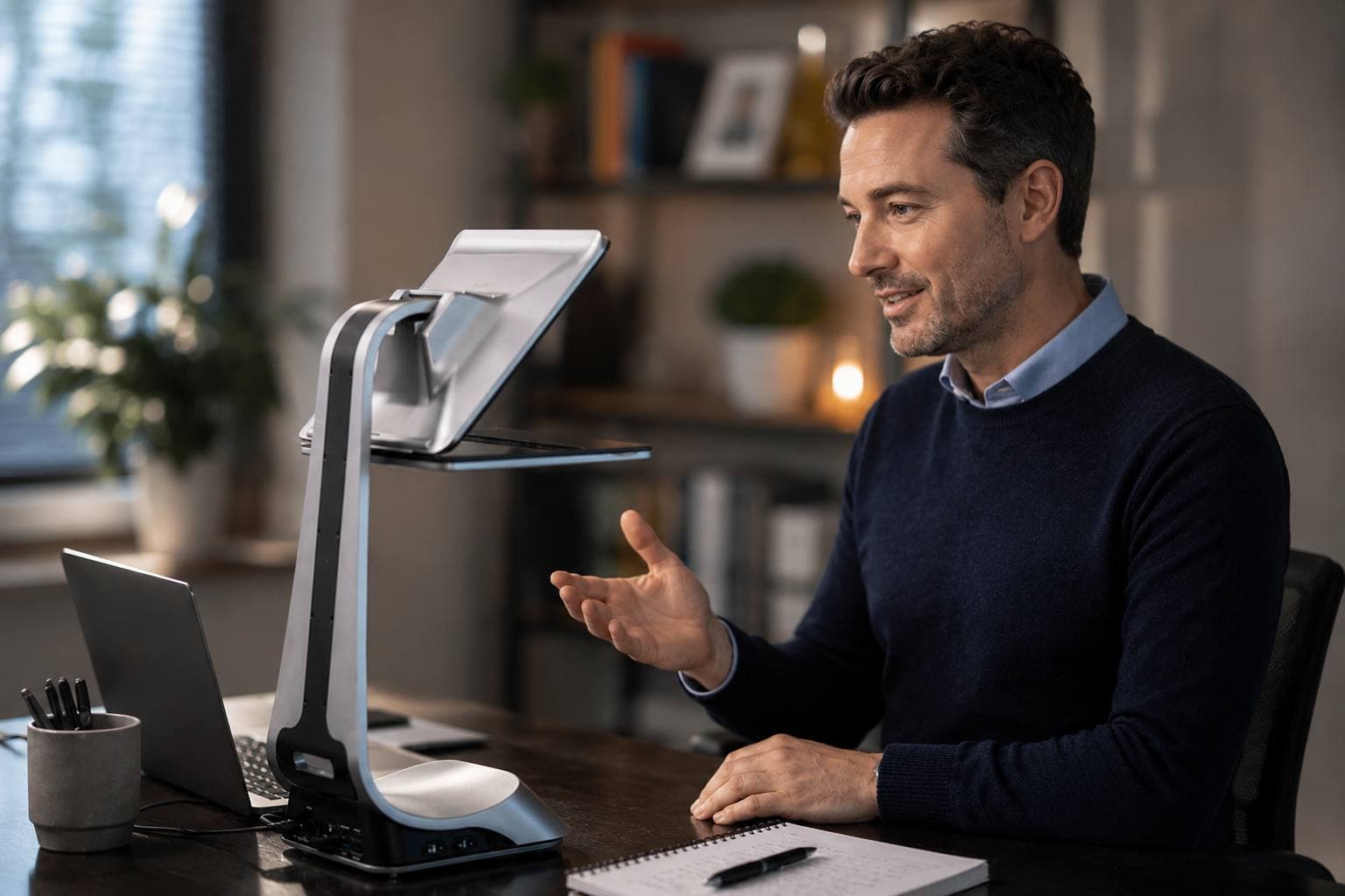 Mentor gesturing warmly during a virtual one-on-one session on iVi