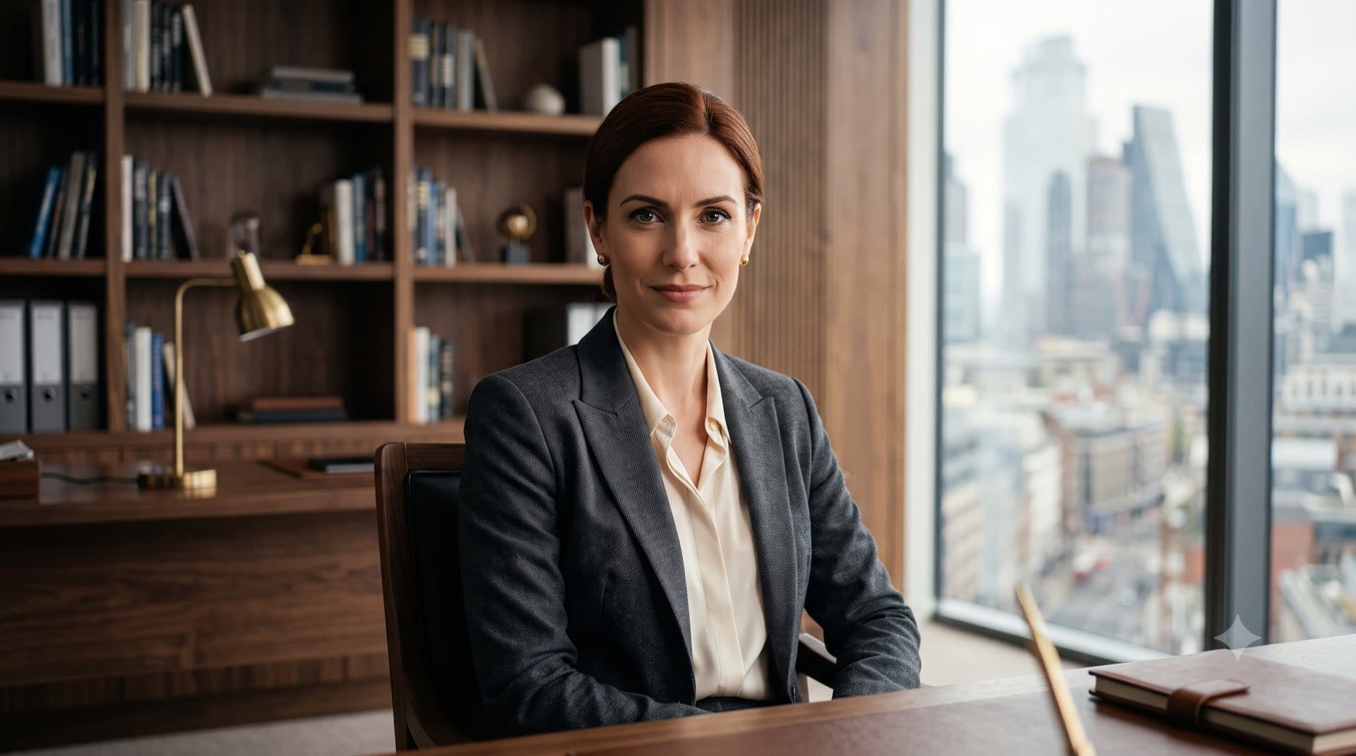 Executive at her desk looking directly at you through iVi