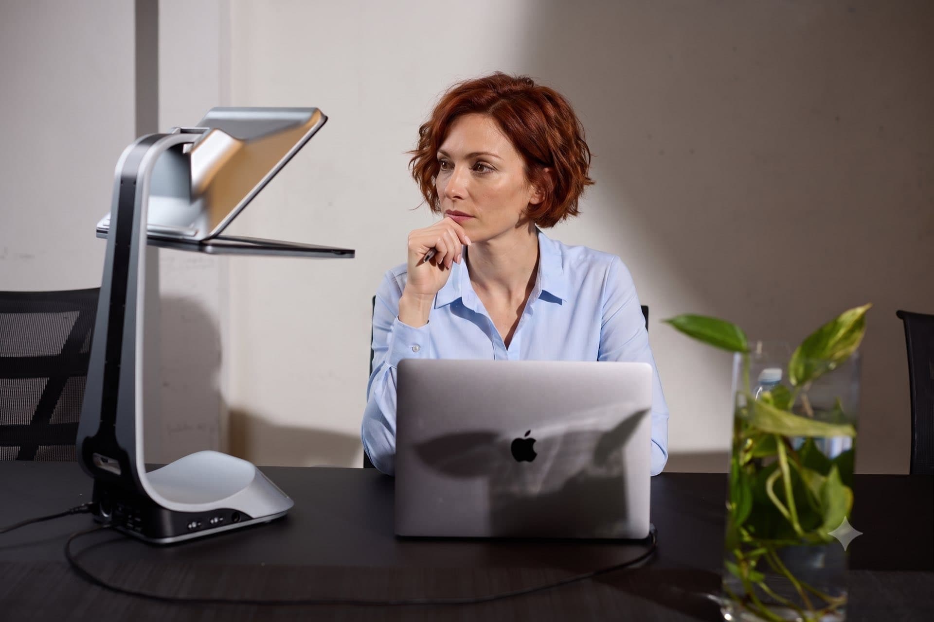 Leader listening thoughtfully during a team video call on iVi