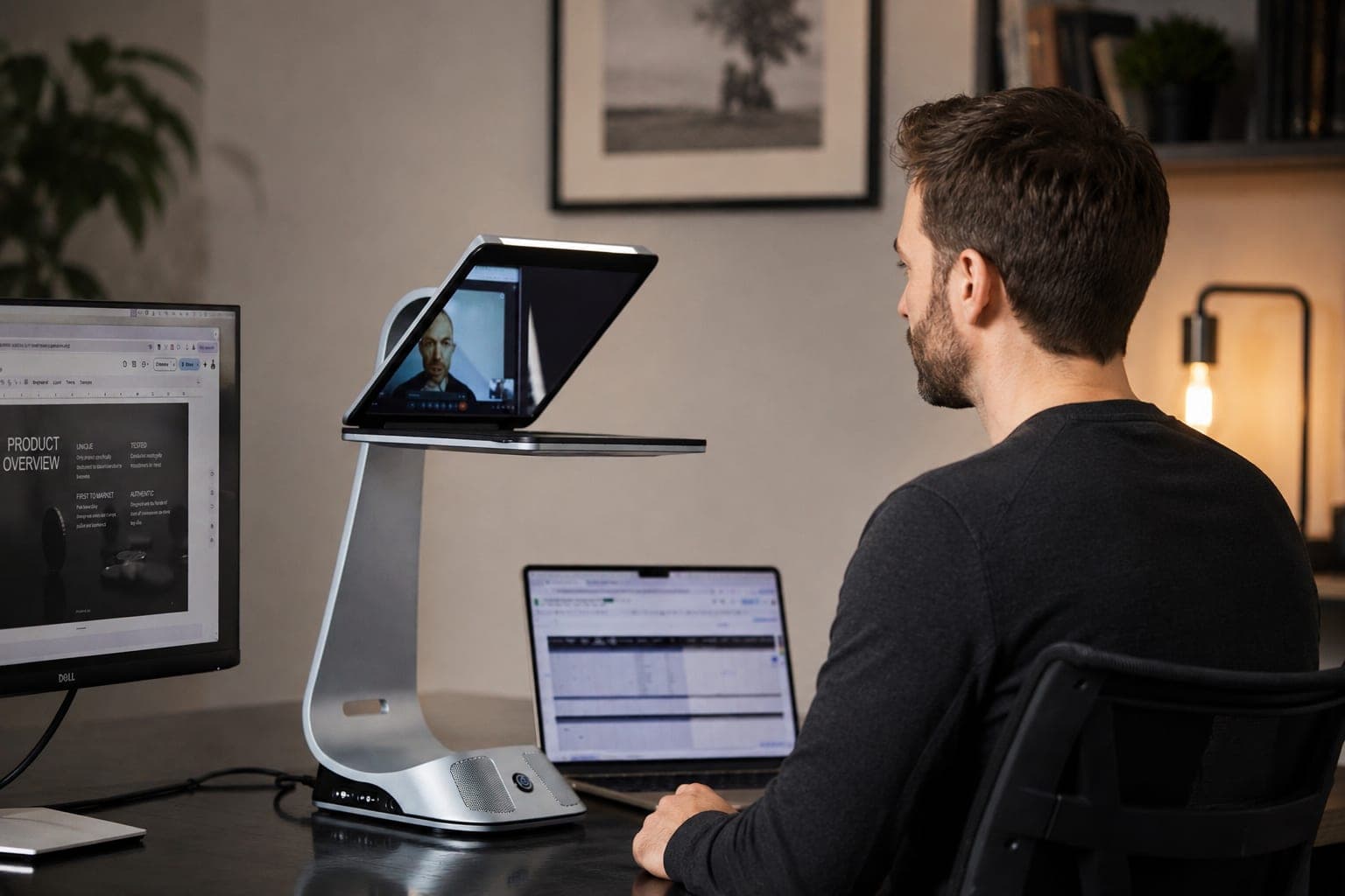 Content creator recording video with direct eye contact through iVi